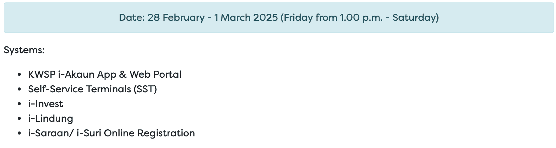 KWSP EPF Downtime from 28 Feb to 2 Mar