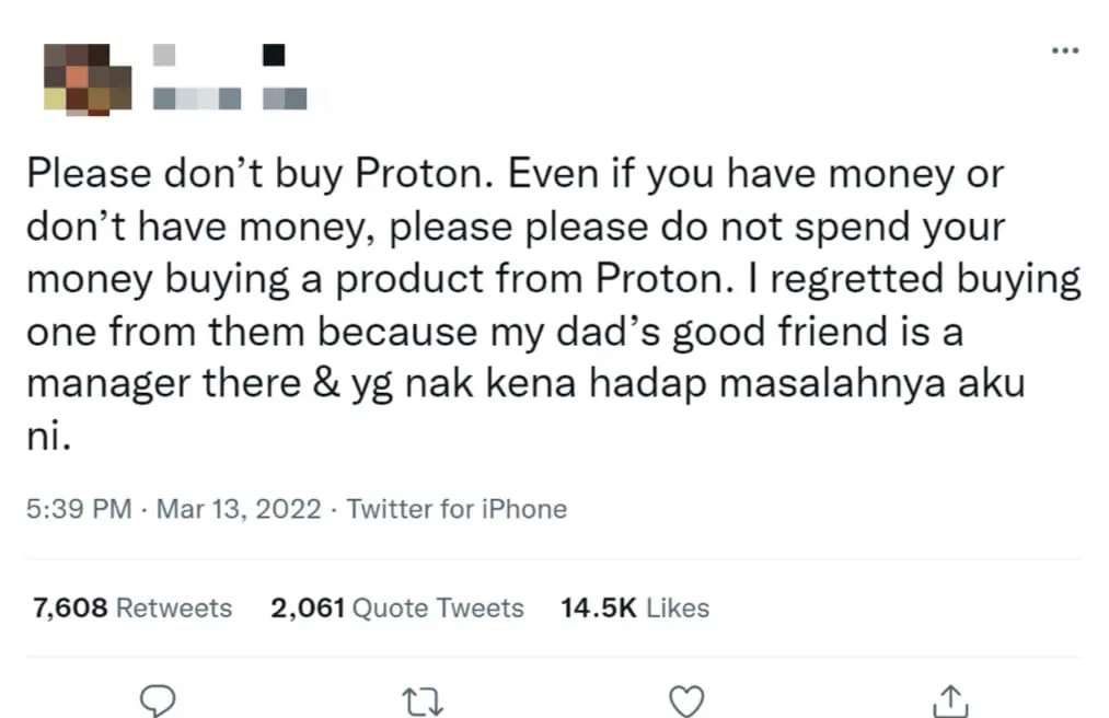 Man warns M'sians to stay away from Proton due to its poor quality and customer service