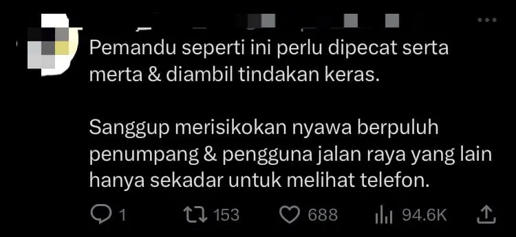 Bus Driver Uses Phone While Driving From Penang To Ipoh, Now Wanted By Police comment 1