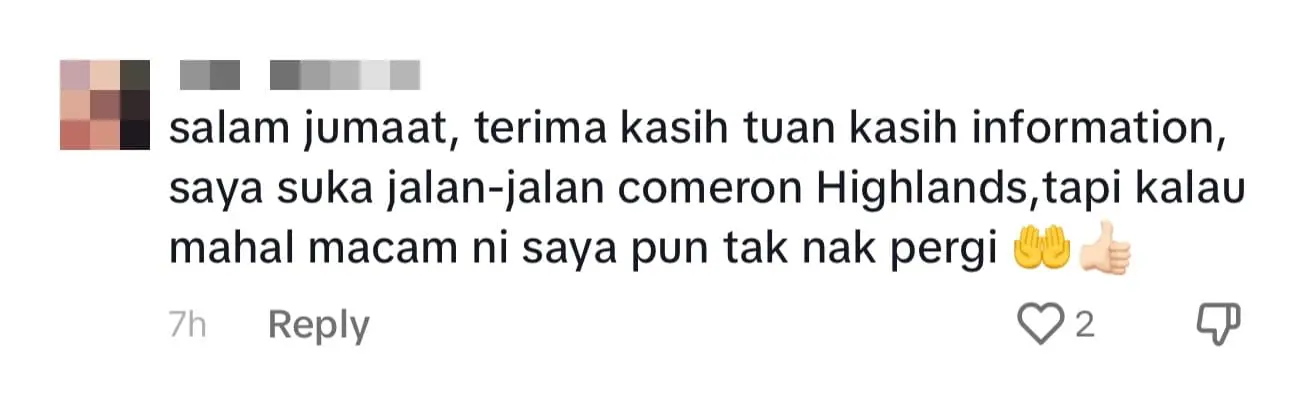 'Never Again!' — M'sian Man Vows Not To Return To Cameron Highlands After He Spent RM1,470 On Trip comment 1