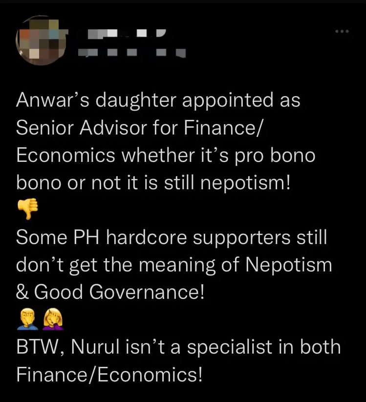M’sians Are Unhappy With Anwar’s Decision To Appoint Nurul Izzah As Economic & Financial Advisor comment 1