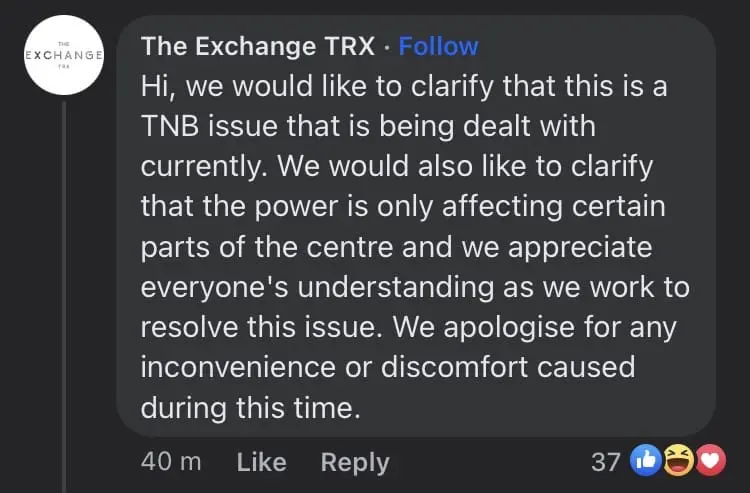 The Exchange TRX reply to power outage