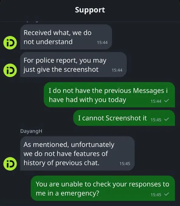 Her chats with one of they support specialist with inDrive