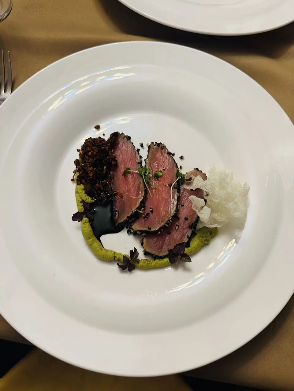 eared Tuna with Avocado Lime, Rice Crisp, and Peanut Rayu