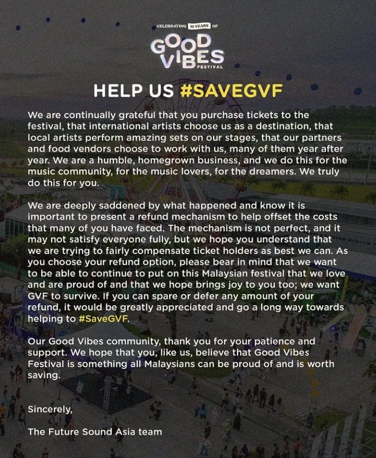 Good Vibes Festival statement about refund and compensations.