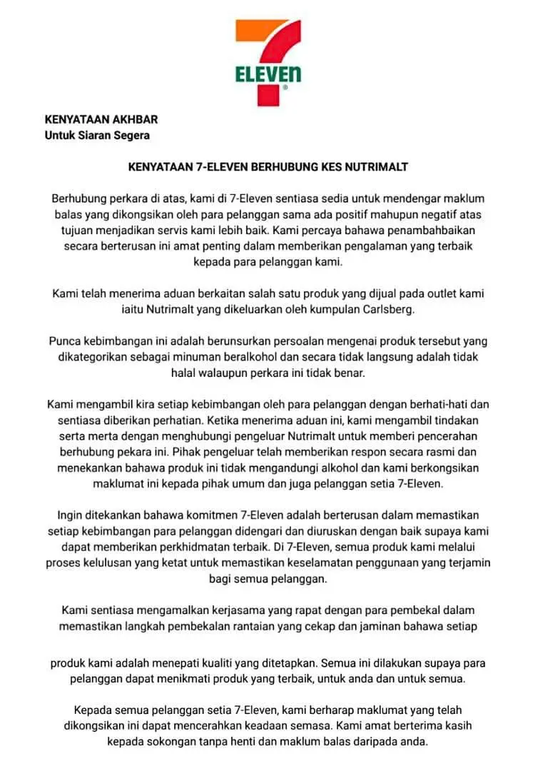 Nutrimalt Drink Does Not Contains Any Alcohol, 7-Eleven Malaysia Said