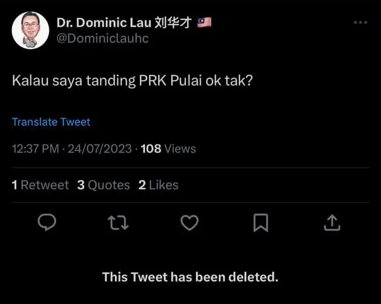 'I Contest In Pulai By-Election, OK Ah?' — Gerakan President Claims Twitter Account Was Hacked After Tweet Goes Viral 