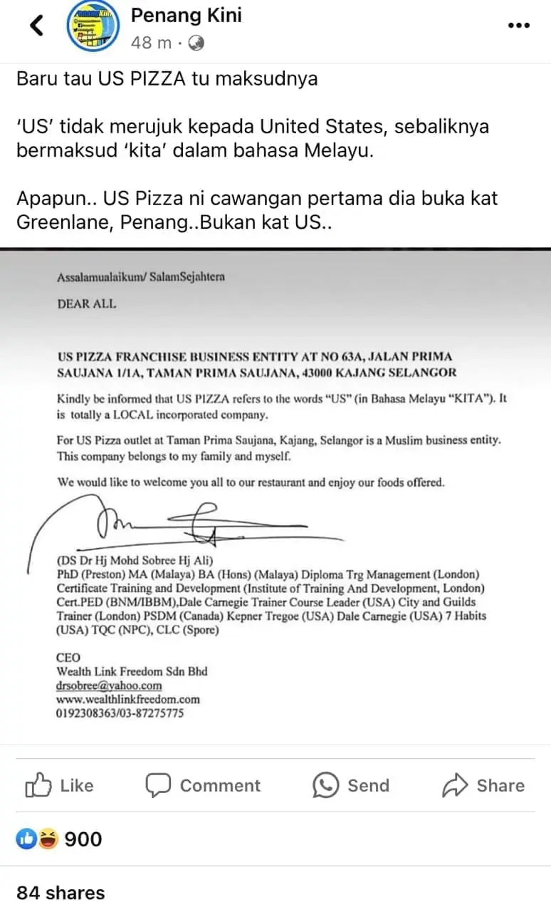 US Pizza At Prima Saujana Outlet Clarifies 'US' Stands For 'Kita' In Malay