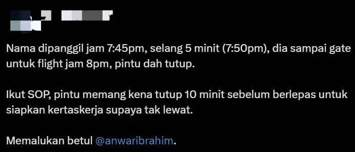 Anwar's Aide Barred From Boarding Flight After Arriving 10 Mins Before It Took Off comment 1