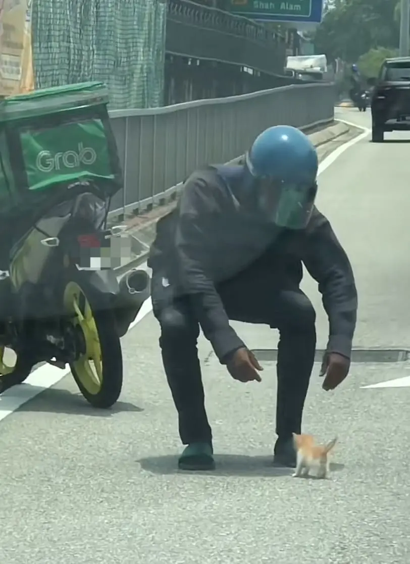M'sian GrabFood Rider Rescues Tiny Kitten from Traffic Which Then Becomes His New Pet