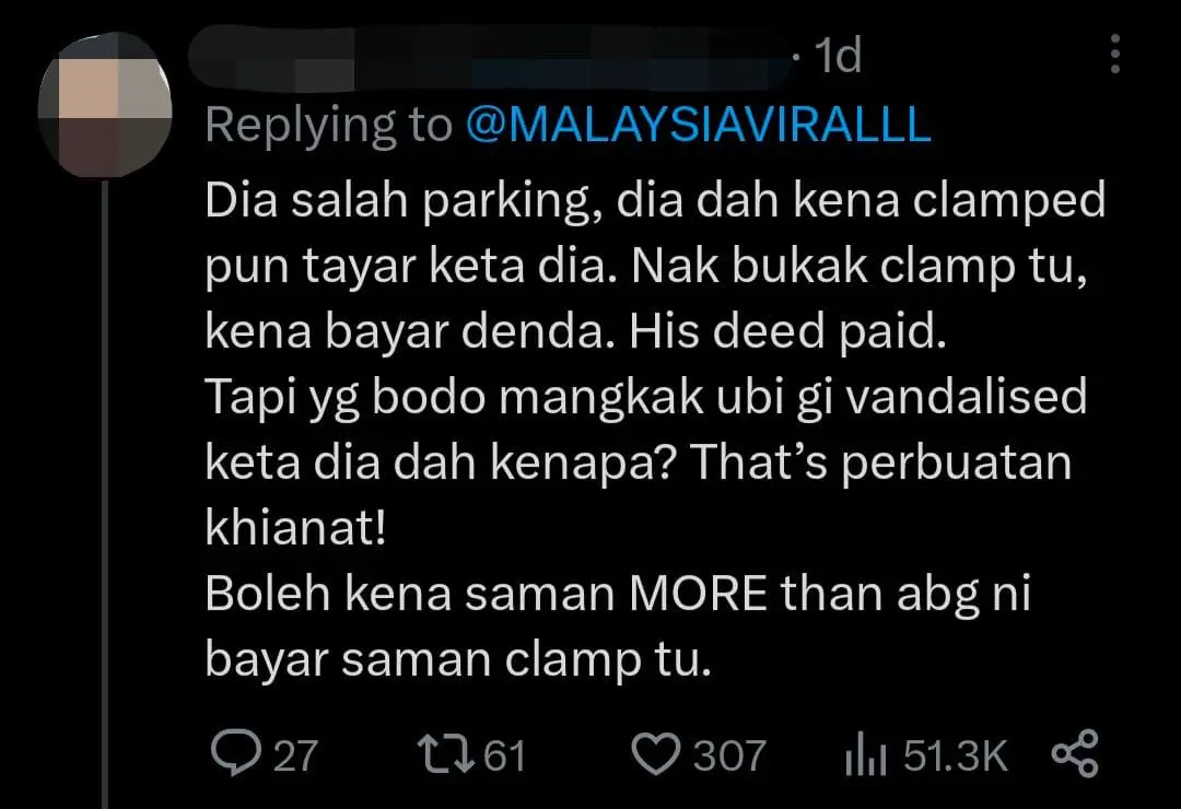 M'sian Driver's Illegally Parked Car Receives Fine, Wheel Clamp and Vandalization - Has 12 Unpaid Traffic Offenses Too