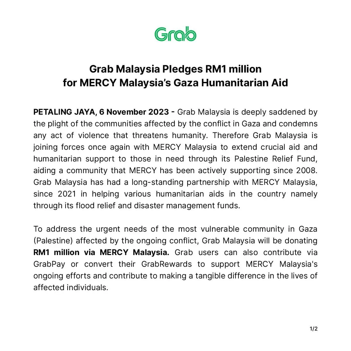 Grab Malaysia announces RM1mil aid to Gaza