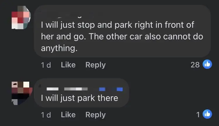 Woman 'Chopes' Parking Lot For SG-Registered Car By Standing Inside It At Popular Johor Stall comment 3