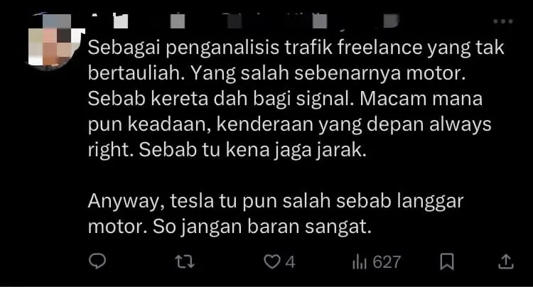 Tesla Driver Rams Into M'sian Motorcyclist Who Hit Side Mirror Out Of Anger comment 3