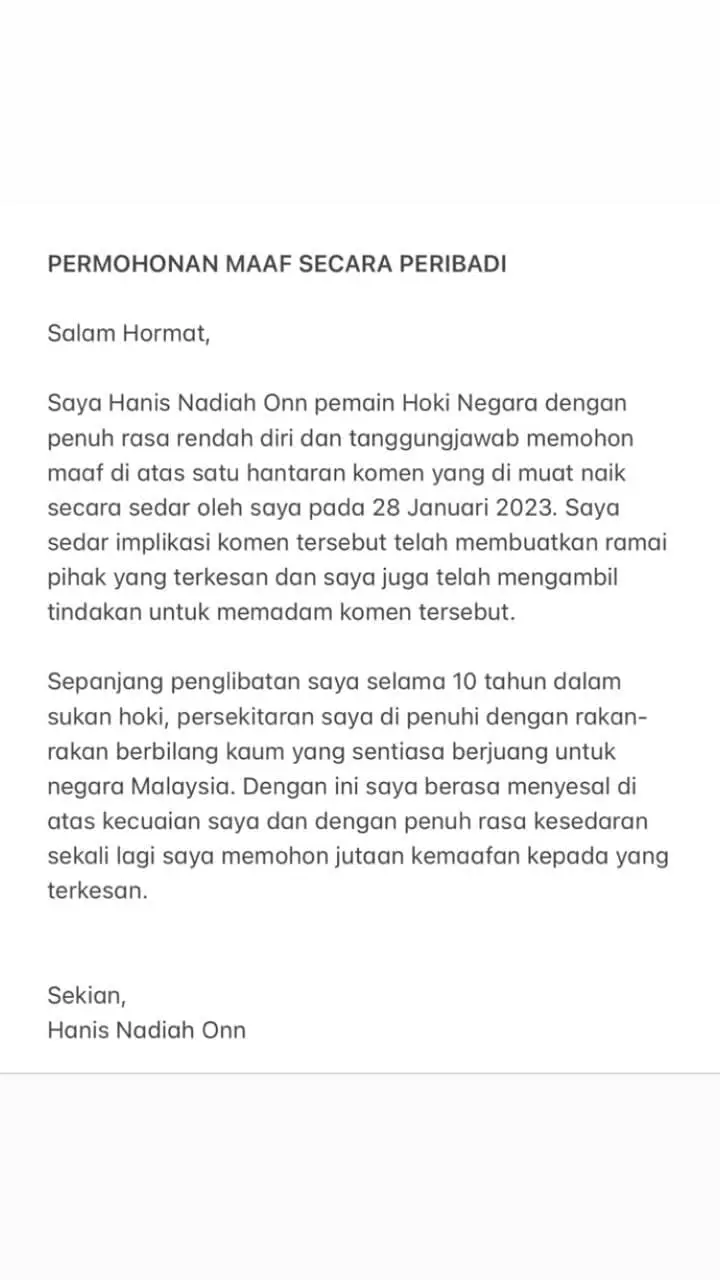 Hanis Onn's apology