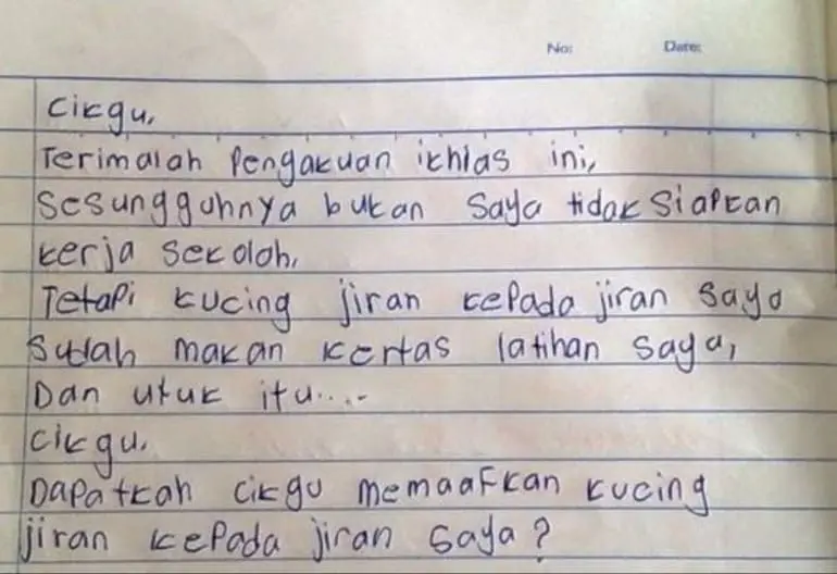 M'sian Student Writes Letter To Teacher Apologizing For Not Turning In Homework, Claims Neighbor's Cat Ate It