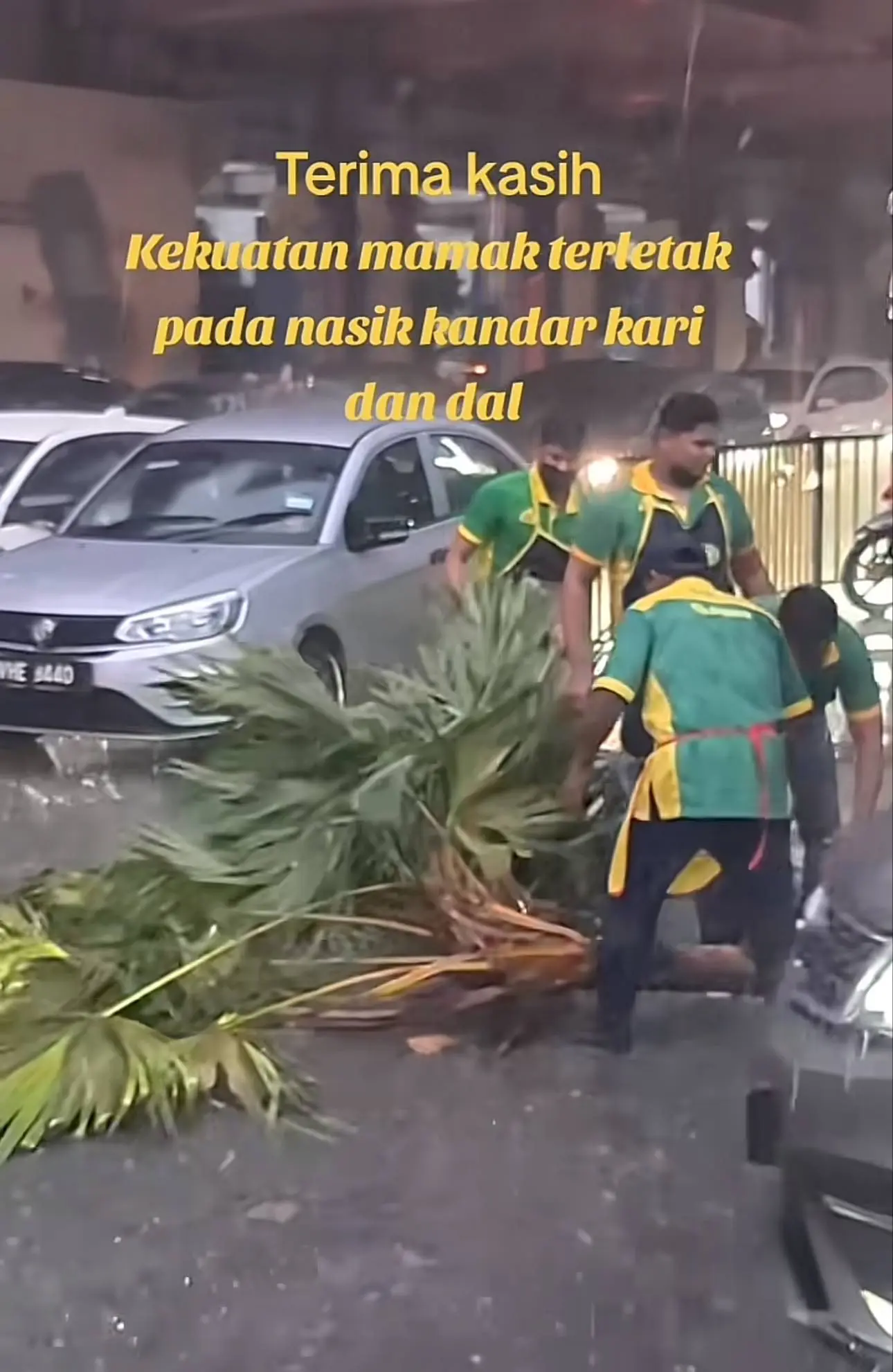 nasi kandar workers removing the fallen tree off the road