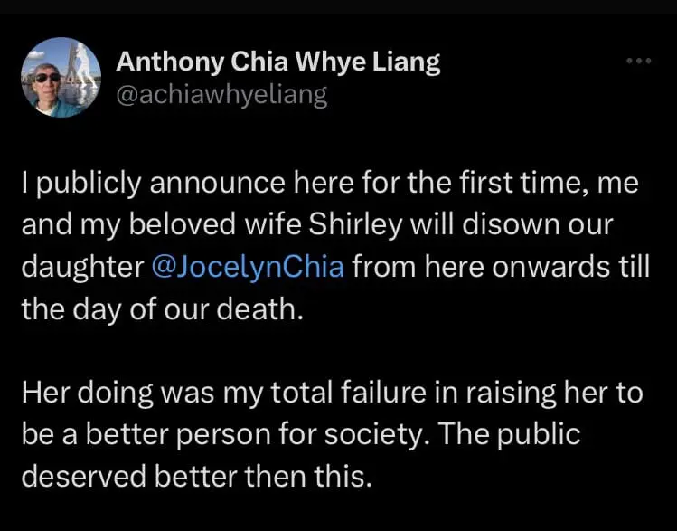 Jocelyn Chia's Father Allegedly Disowns Her, M'sians Think It's A Troll Post