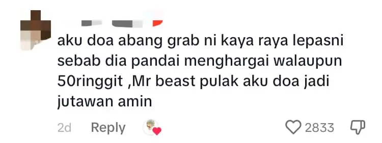 M'sian TikToker Tapes RM50 Note On Grab Rider's Shoulder, Praised For Generous Act comment 1