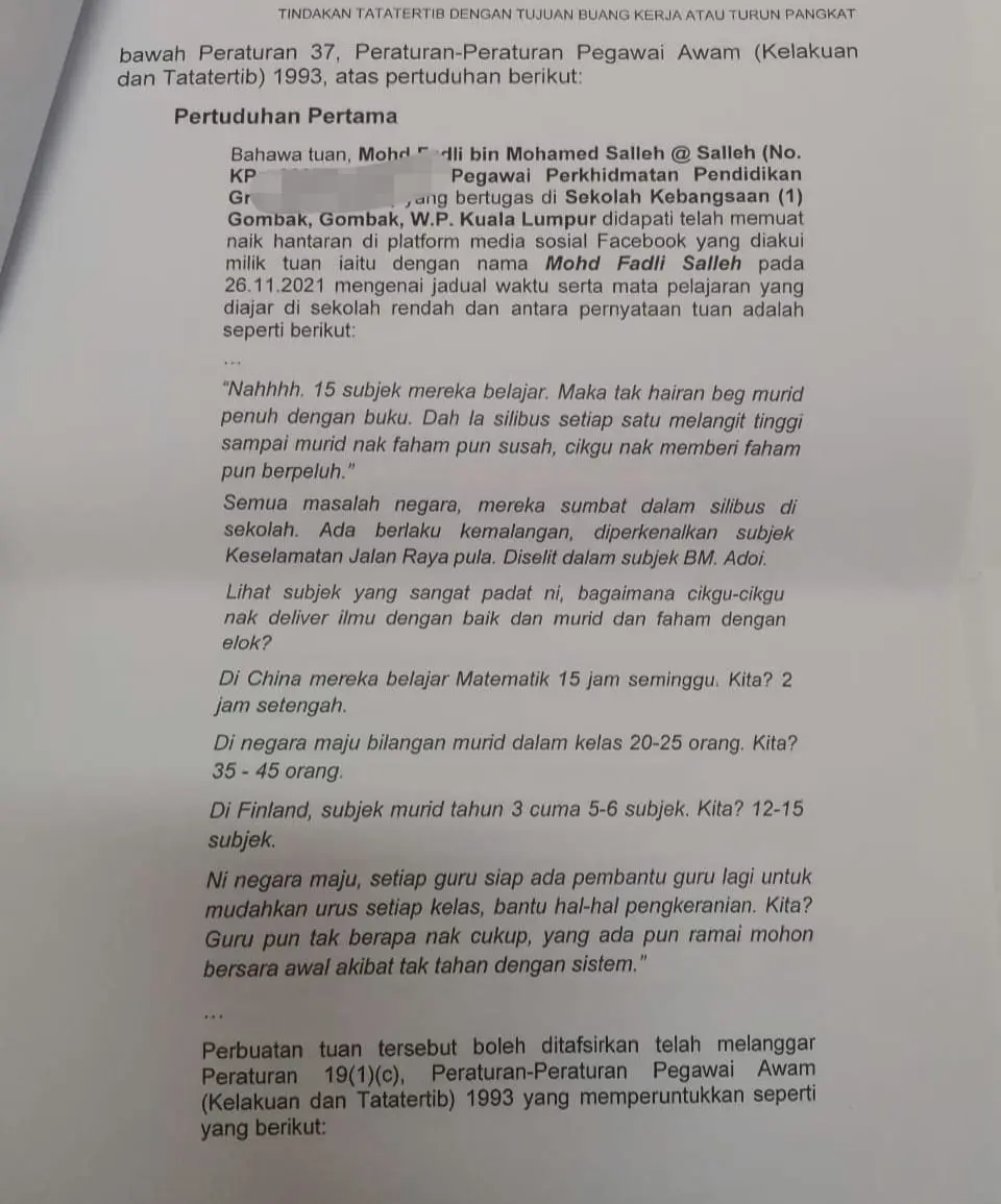 MOE's letter to Mohd Fadli Salleh
