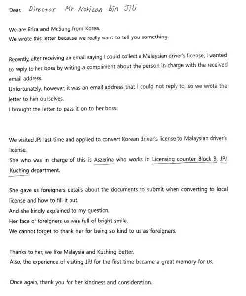 letter written to jpj officer