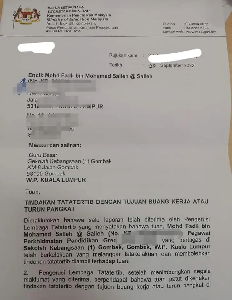 MOE's letter to Mohd Fadli Salleh