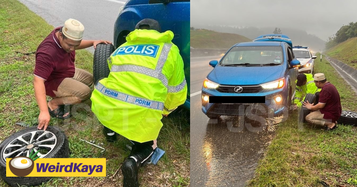M'sian Police Officers Praised for Assisting Stranded Motorist with Flat Tire During Heavy Rain