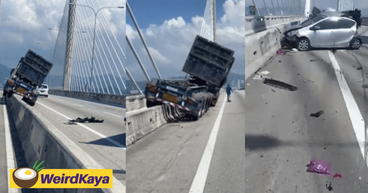 Lorry and Car Collide At Second Penang Bridge, Sends Half Of The Cargo Strewn Across The Road