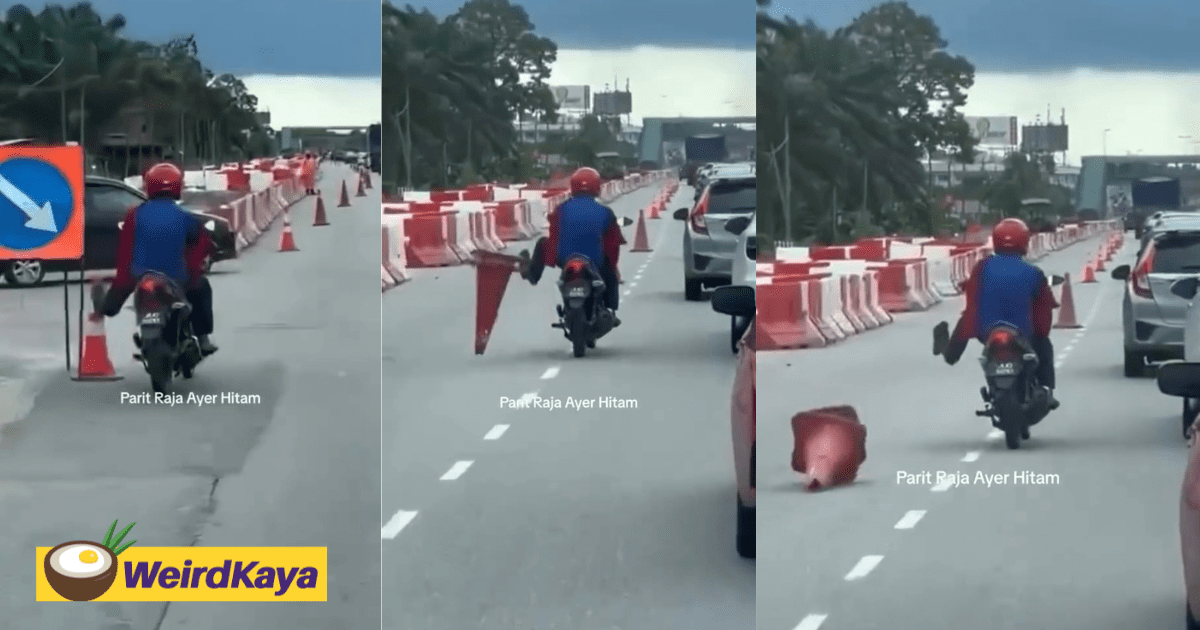 M'sian Motorcyclist Seen Kicking Cones Arranged Along Roadside For No Reason In Johor