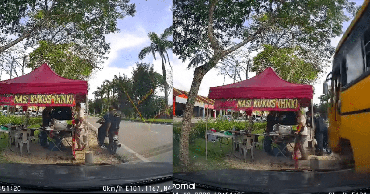 Bus crashes into motorcyclist who were buying food from the nasi kukus stall