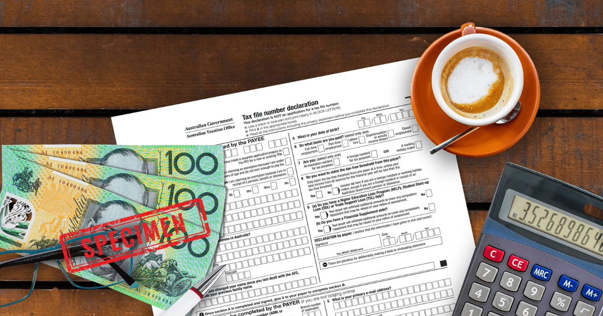 Australian money, forms and next to calculator
