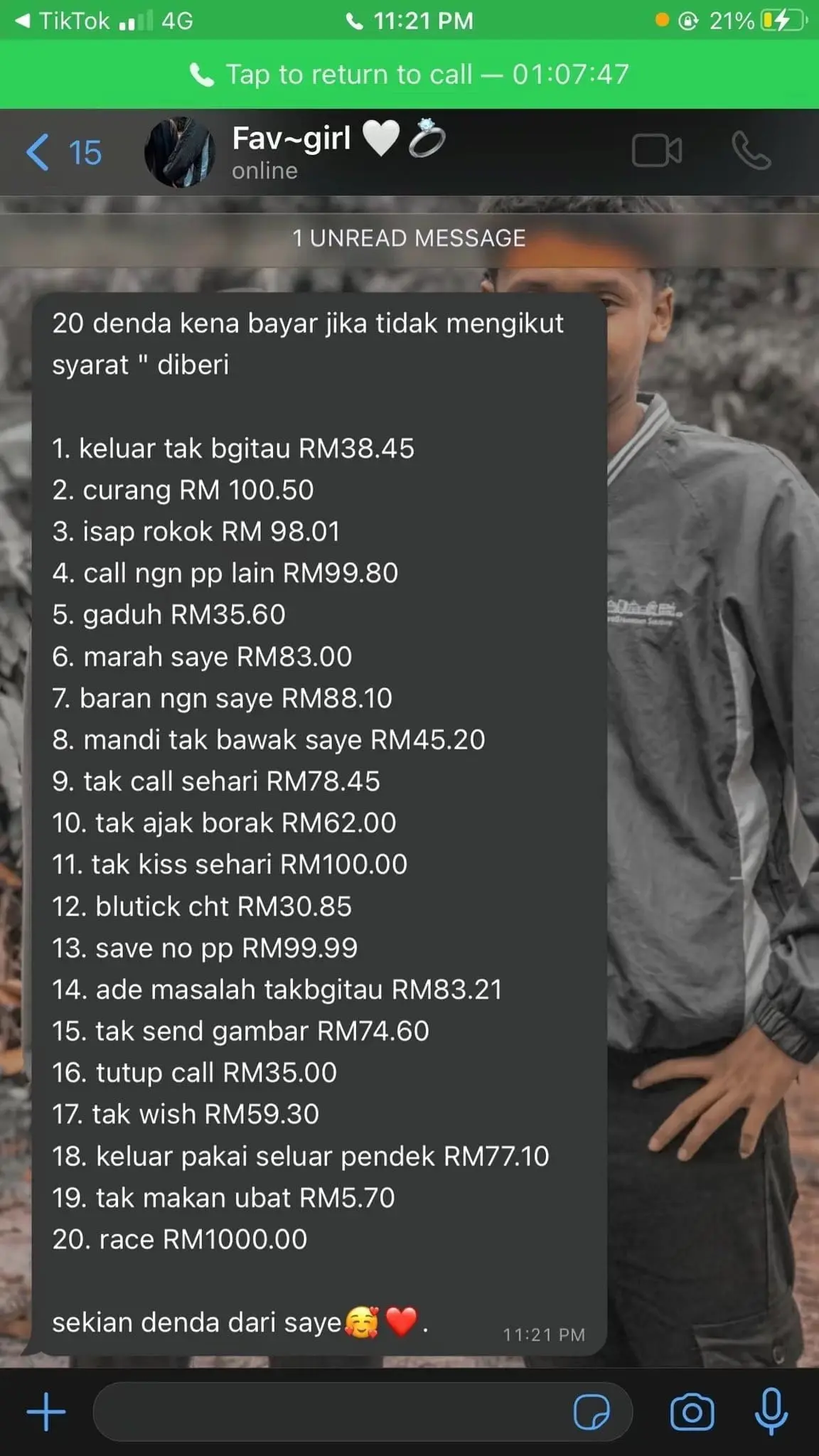 List of fines if the boyfriend break the relationship rules