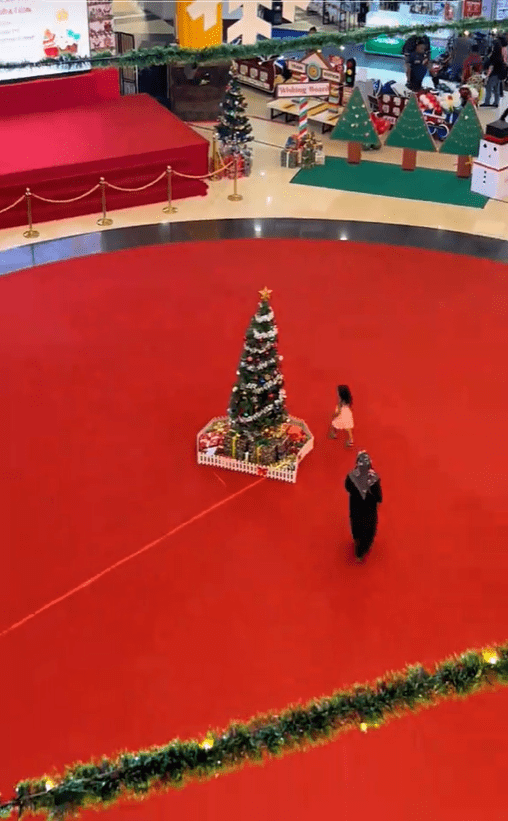 Little girl checks out Christmas tree at mall