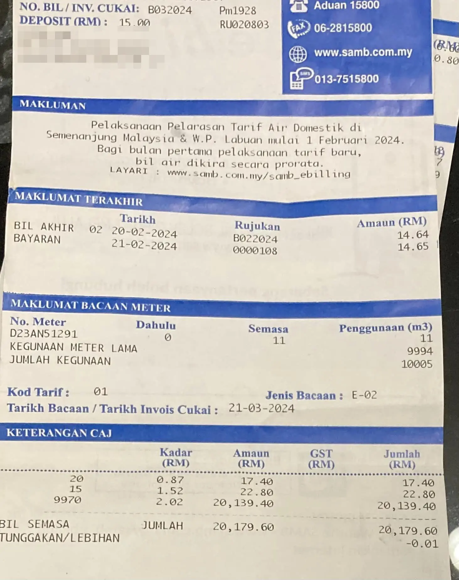 Machap umboo RM20k water bill