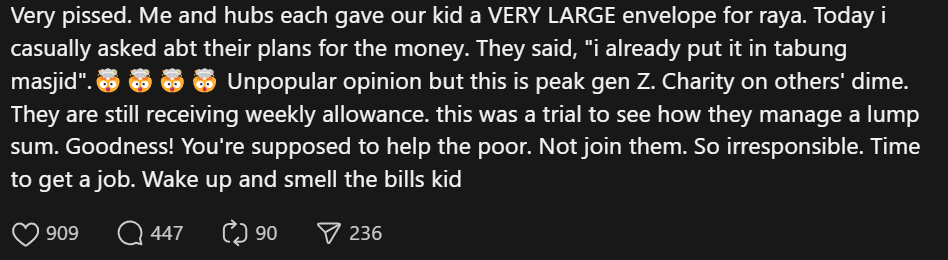 Malaysian mum rant about kids donating all their duit raya