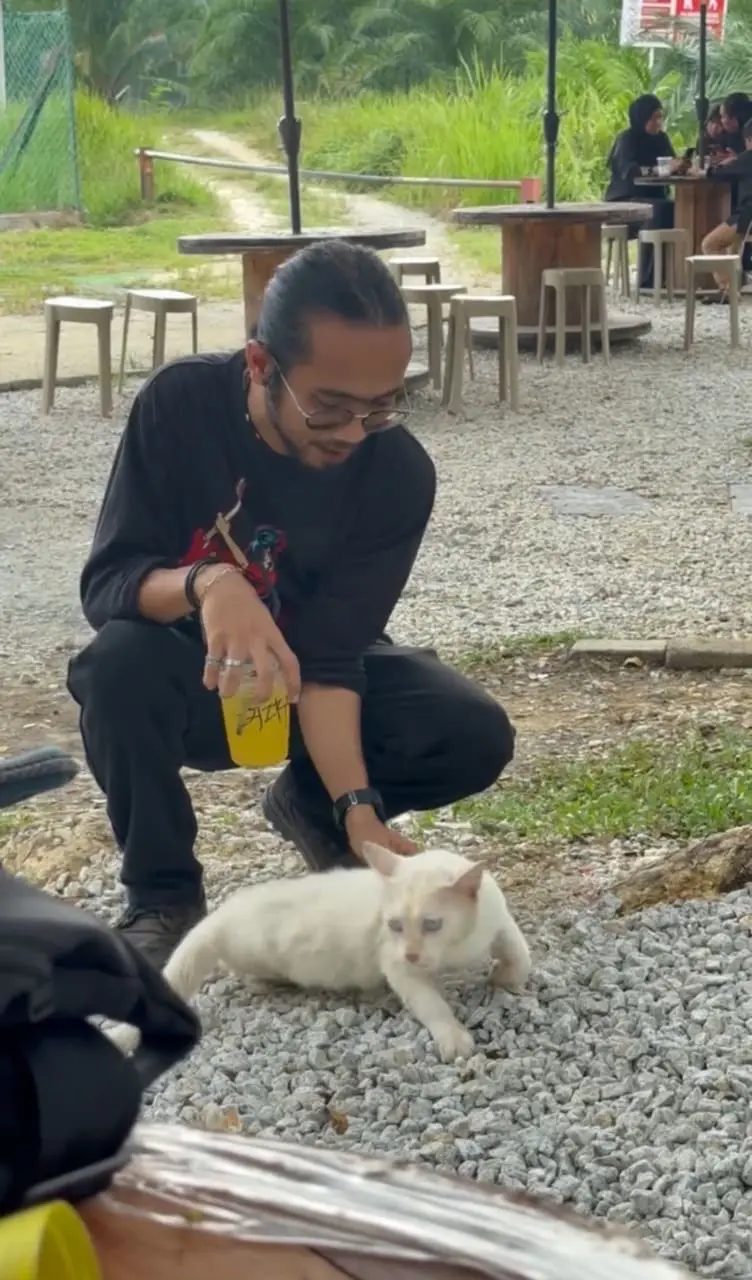 man petting white cat