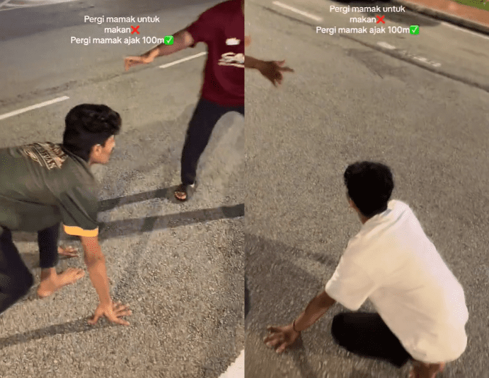 Man preparing to compete with mamak staff in 100m race