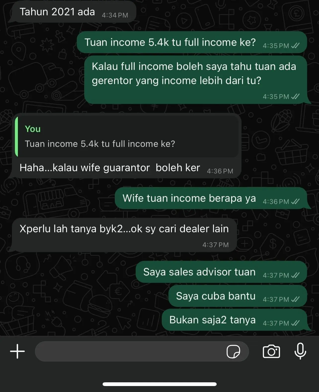 Man with RM5.4k salary inquire about RM260k car