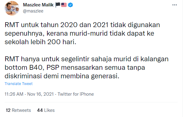 Maszlee's tweet on suspension of free breakfast programme