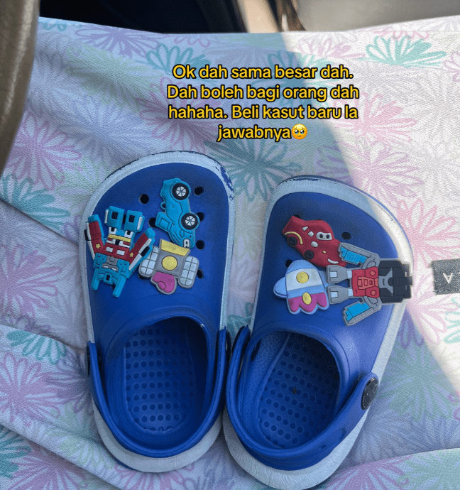 A pair of matching shoes which shrank due to heat