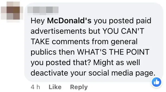 McD Msia comment deactivate acc