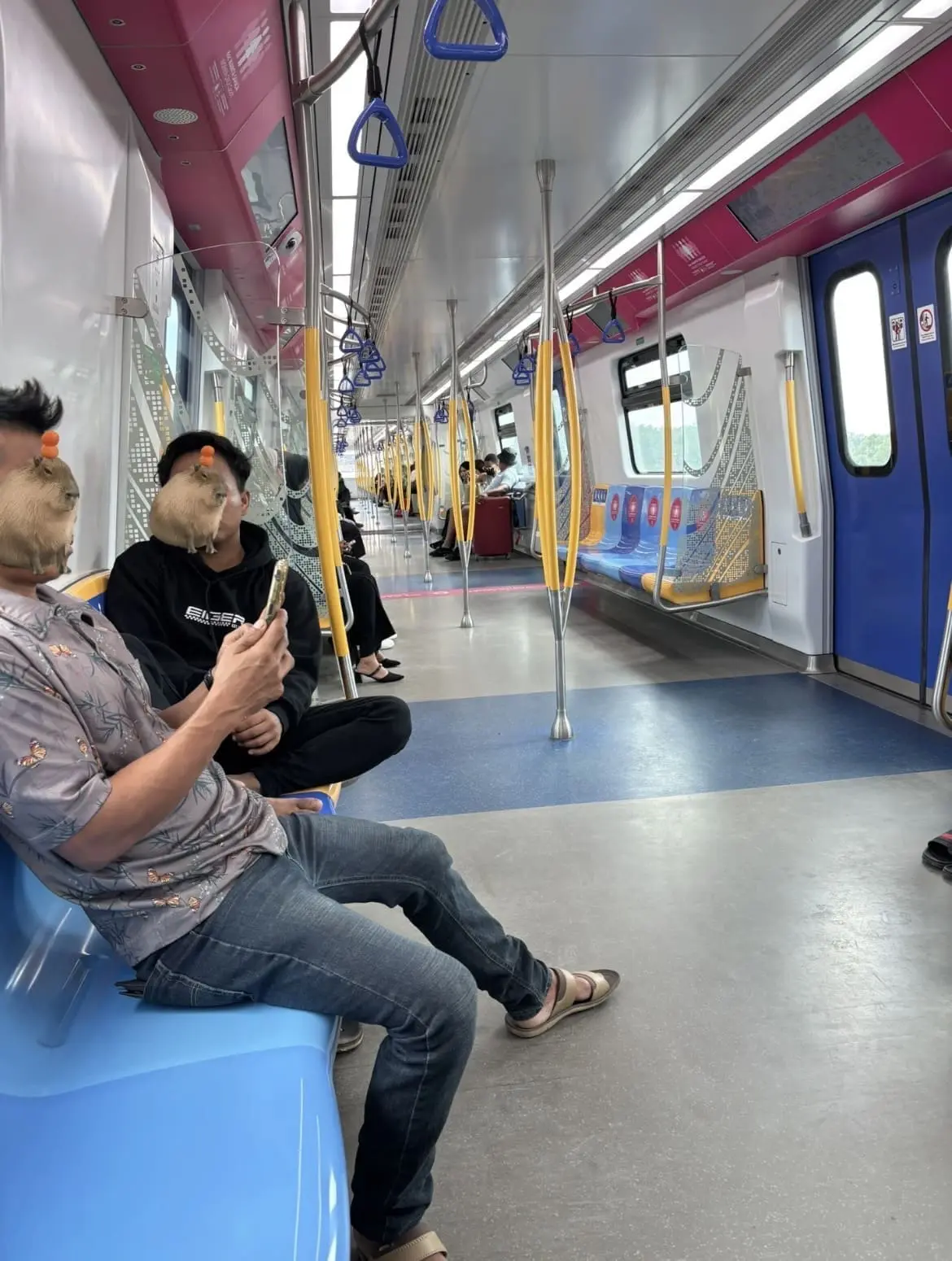 Men using handphone inside women's coach