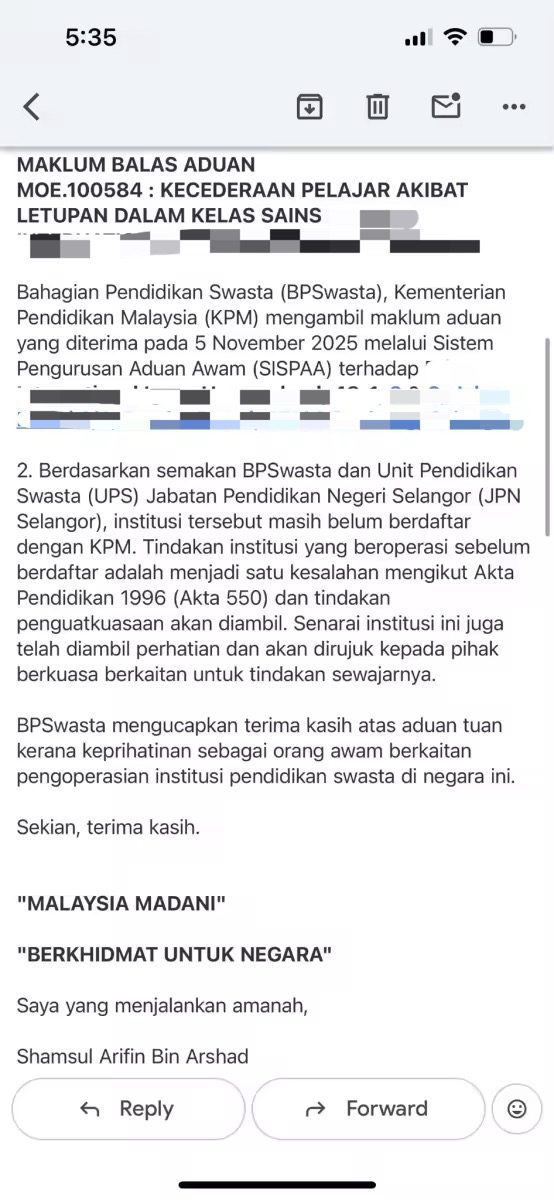 MOE letter saying school wasn't registered