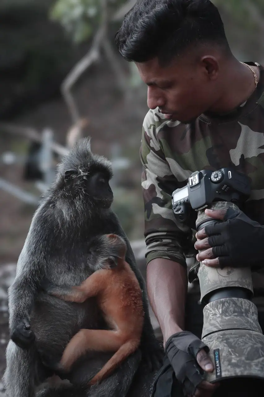Mohan with monkeys during a shoot at a forest