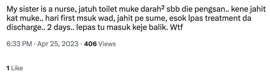 M’sian Gov’t Nurse Spotted Having IV Drip Inserted Into Hand While Working comment 01