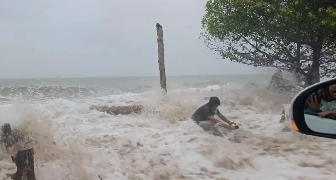 M’sian man almost struck by massive log swept onshore 