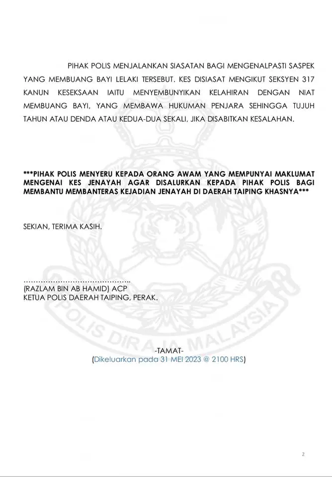 Newborn Baby Abandoned At Ipoh Bus Stop police statement 1