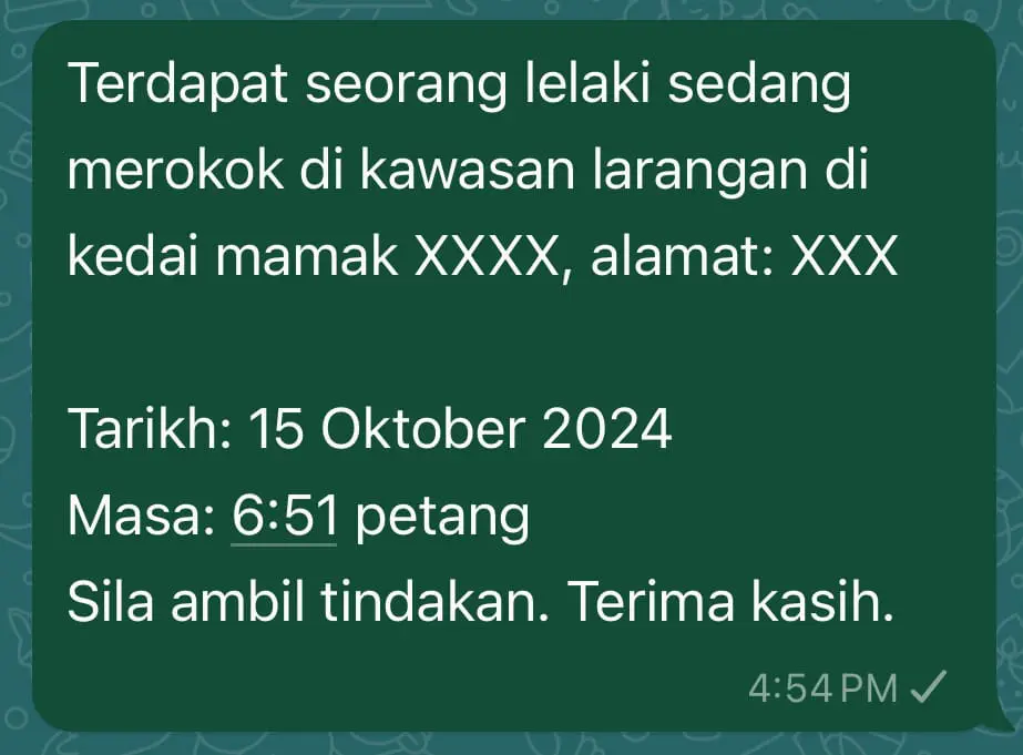 No Smoking message complaint to KKM