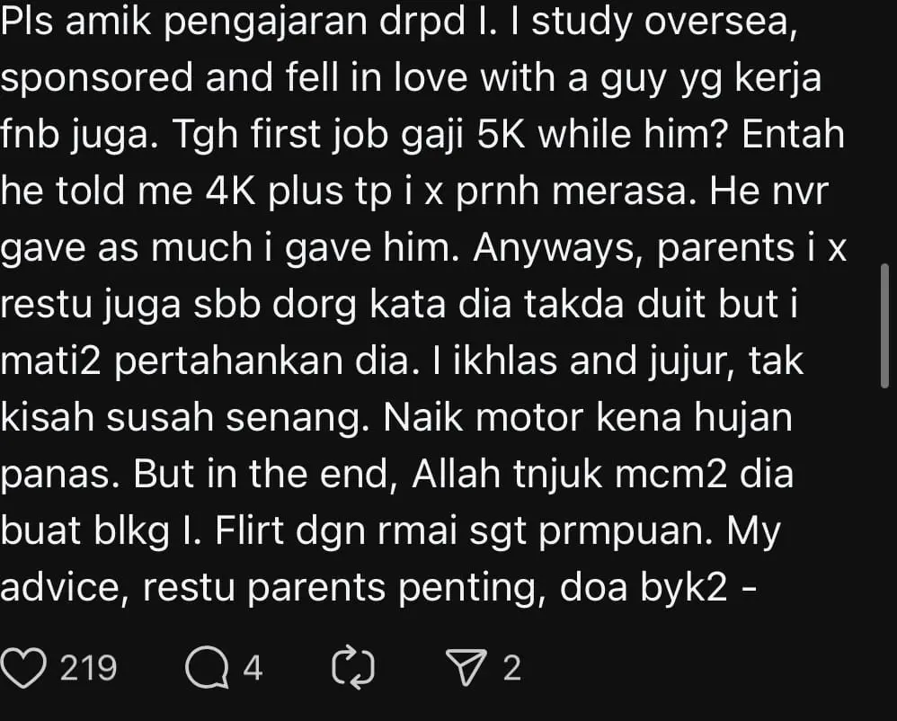 'Not On Her Level' - M’sian Parents Reject Daughter’s BF Marriage Proposal Due To His RM1.8K Salary comment