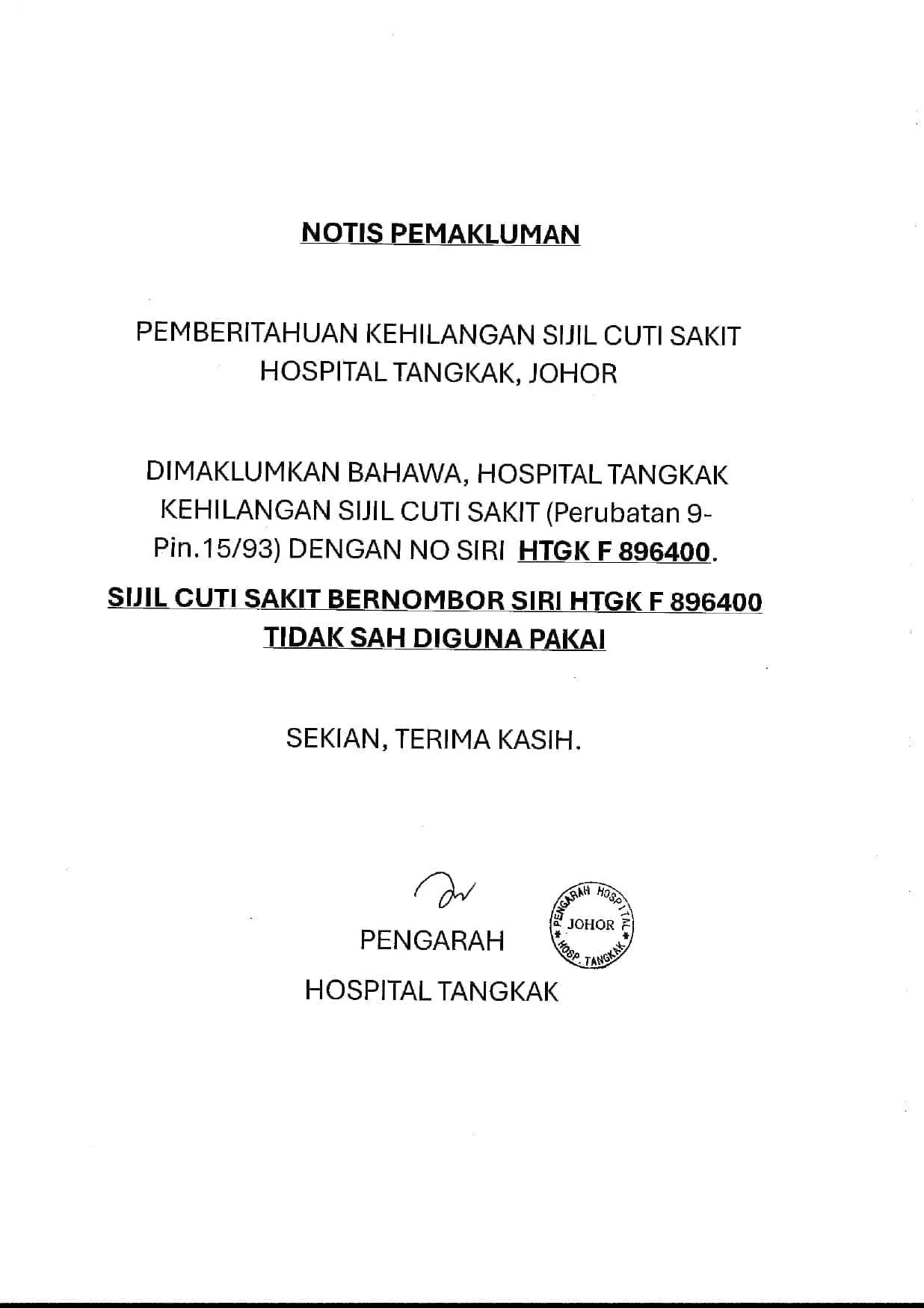 Notice from Hospital Tangkak